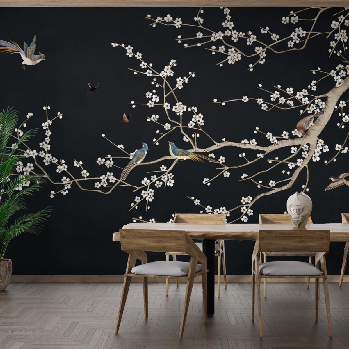 Chinoiserie Flowers and Blue Birds Black Wallpaper Mural - Wall A Plus