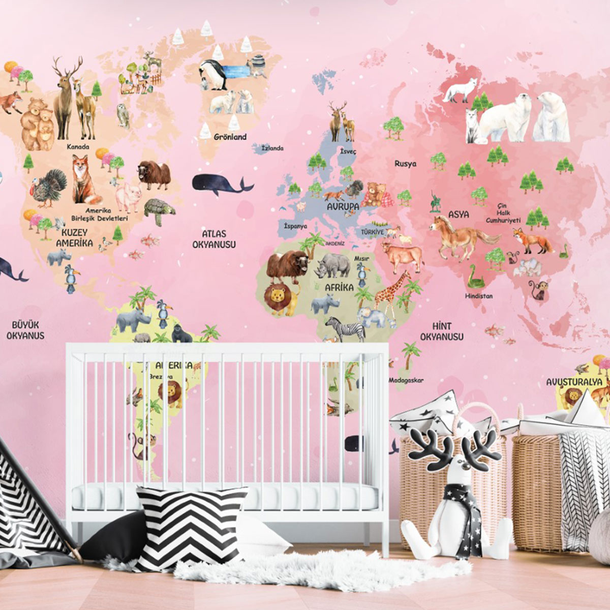 Word Map with Animals Pink Kids & Nursery Wallpaper Mural - Wall A Plus
